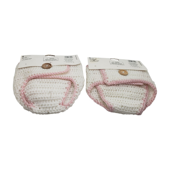 2 Pair NEW Hand Crocheted Diaper Cover Baby Girls 0-6 Months White Pink Flower - Picture 2 of 12